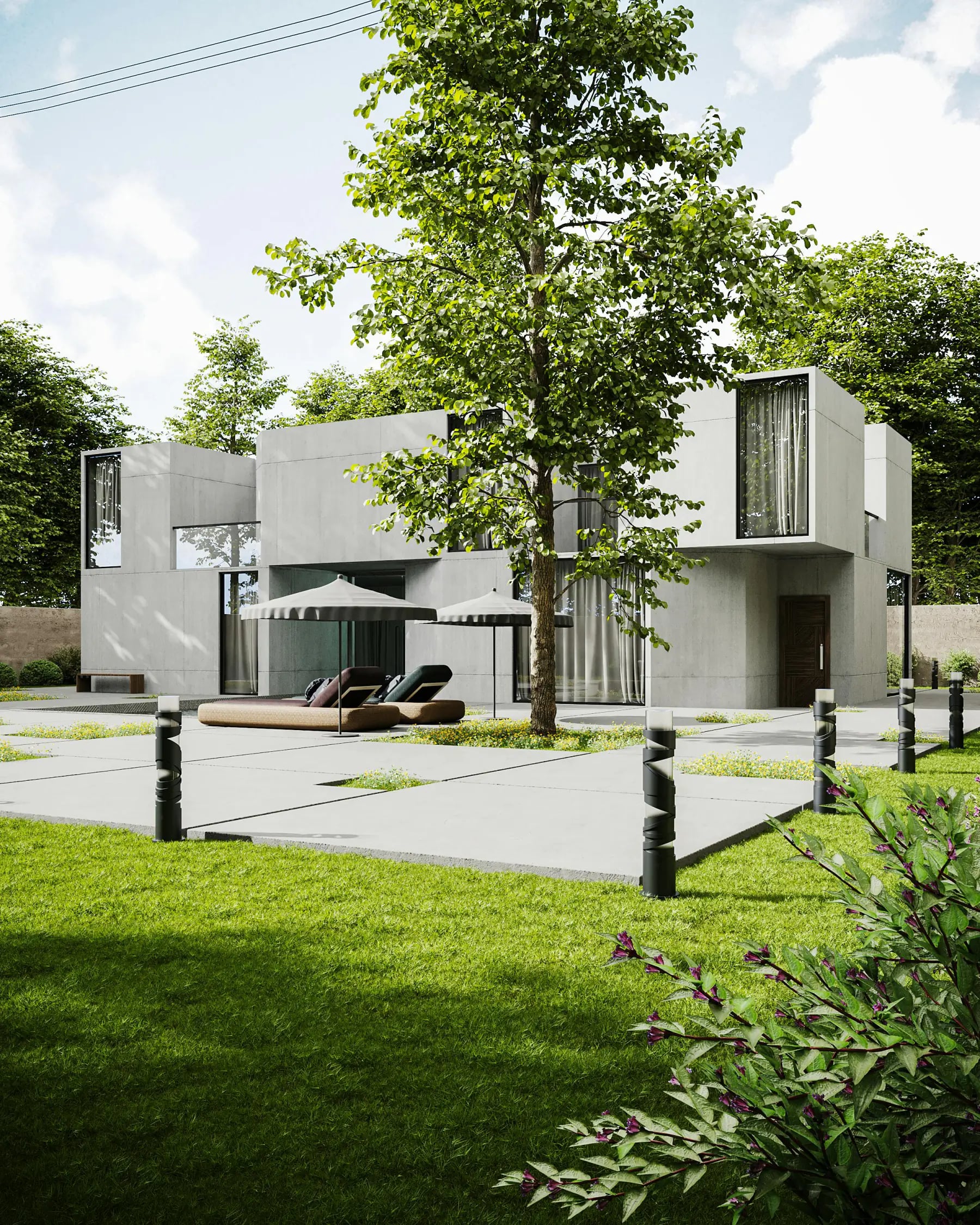 Concrete villa, garden court with parasol — Archaus project plate 03