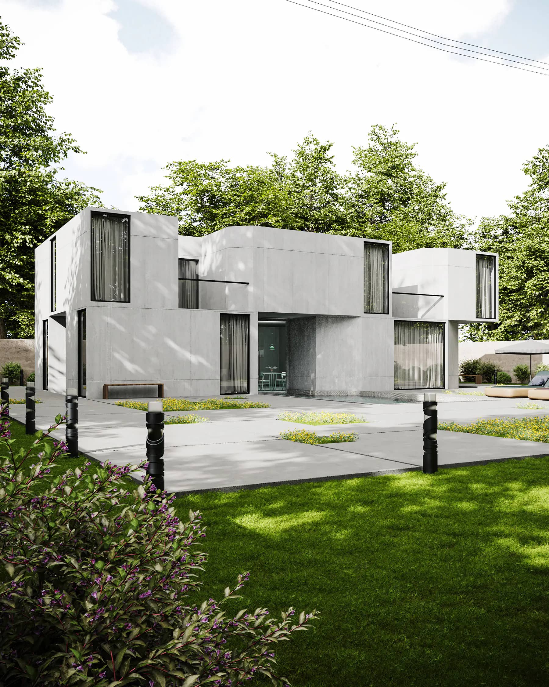 Concrete villa, full elevation — Archaus project plate 01, wide establishing view