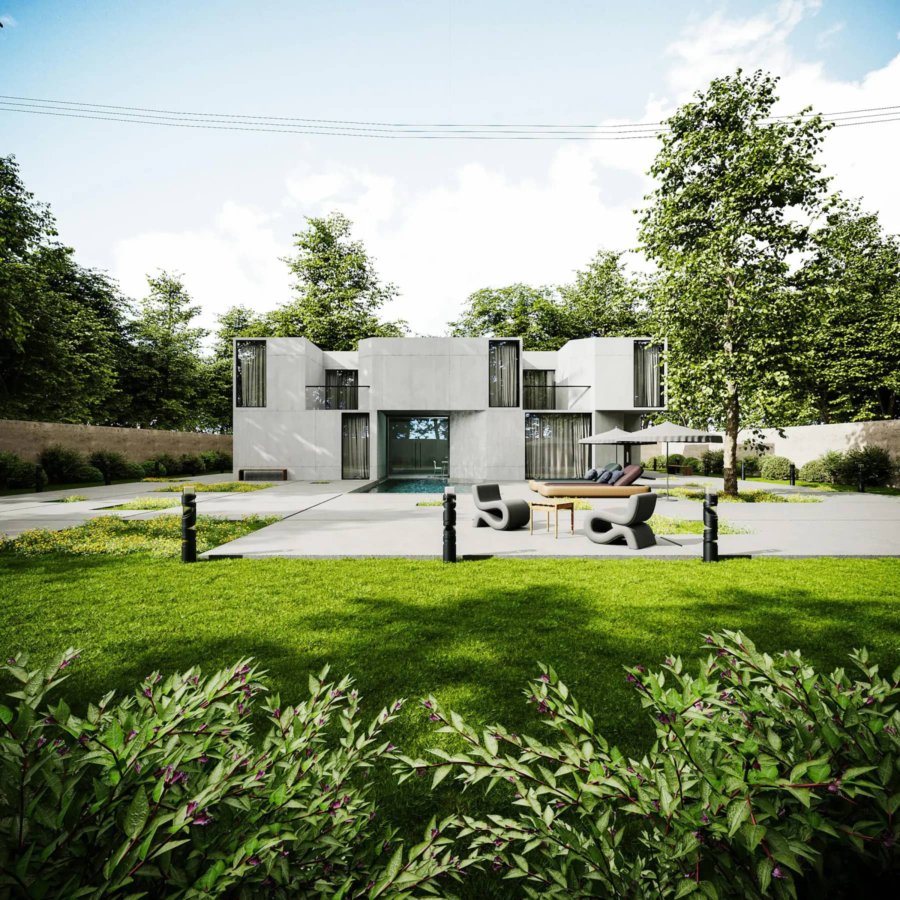 Concrete villa, front elevation across courtyard — Archaus project plate 02