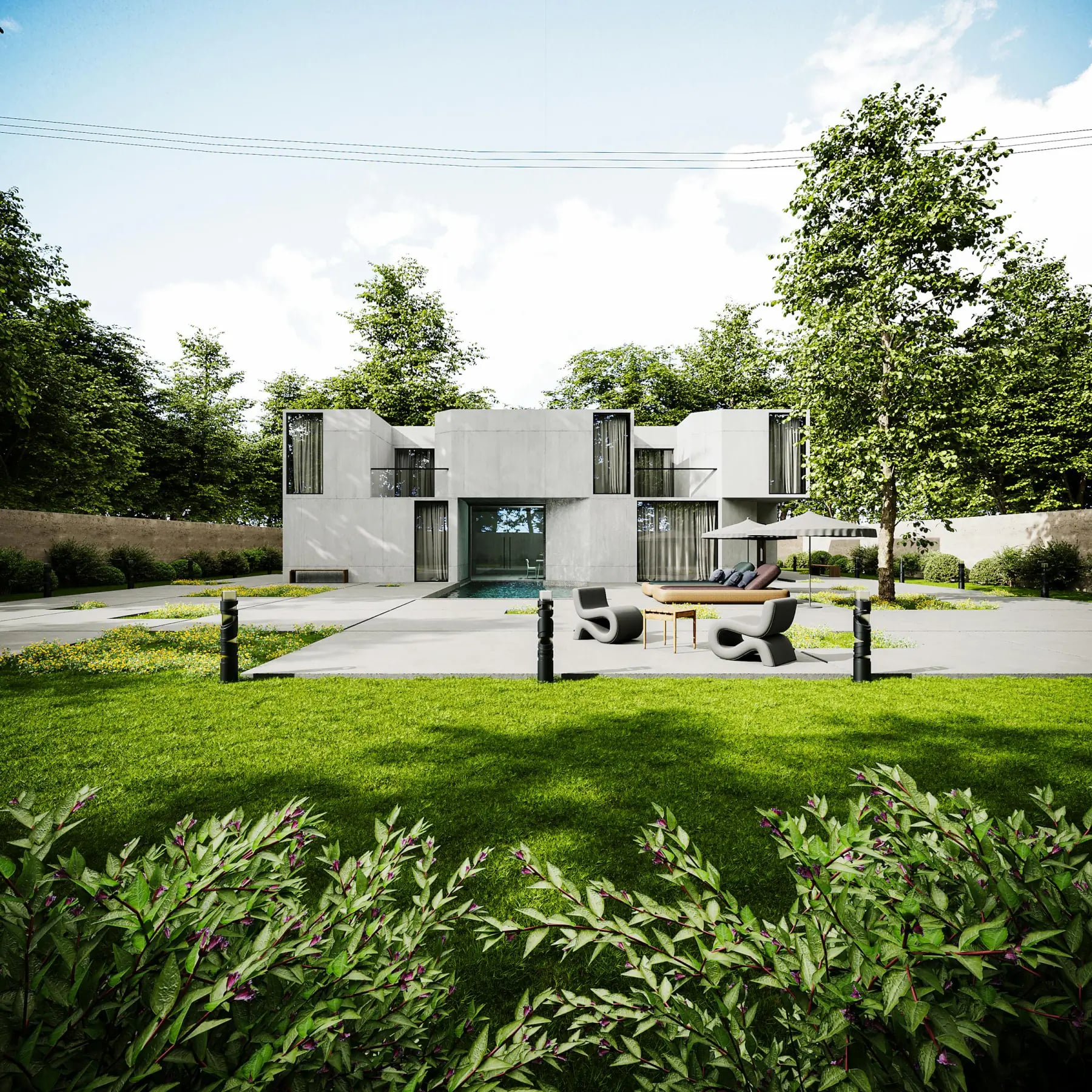 Concrete villa, front elevation across courtyard — Archaus project plate 02