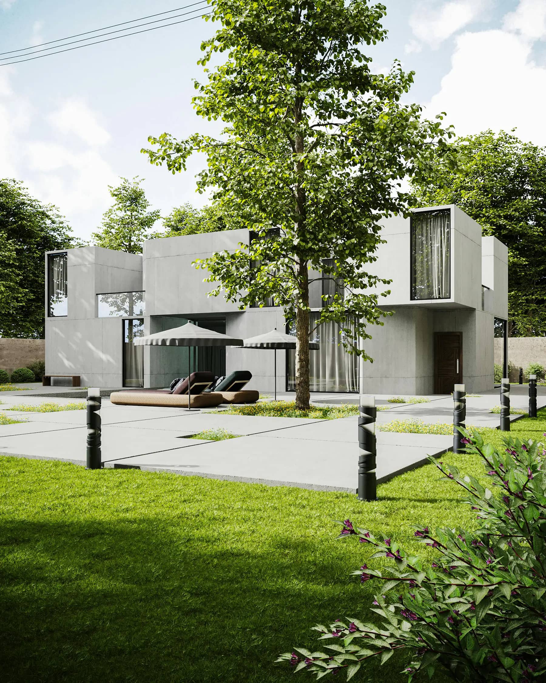 Concrete villa, garden court with parasol — Archaus project plate 03